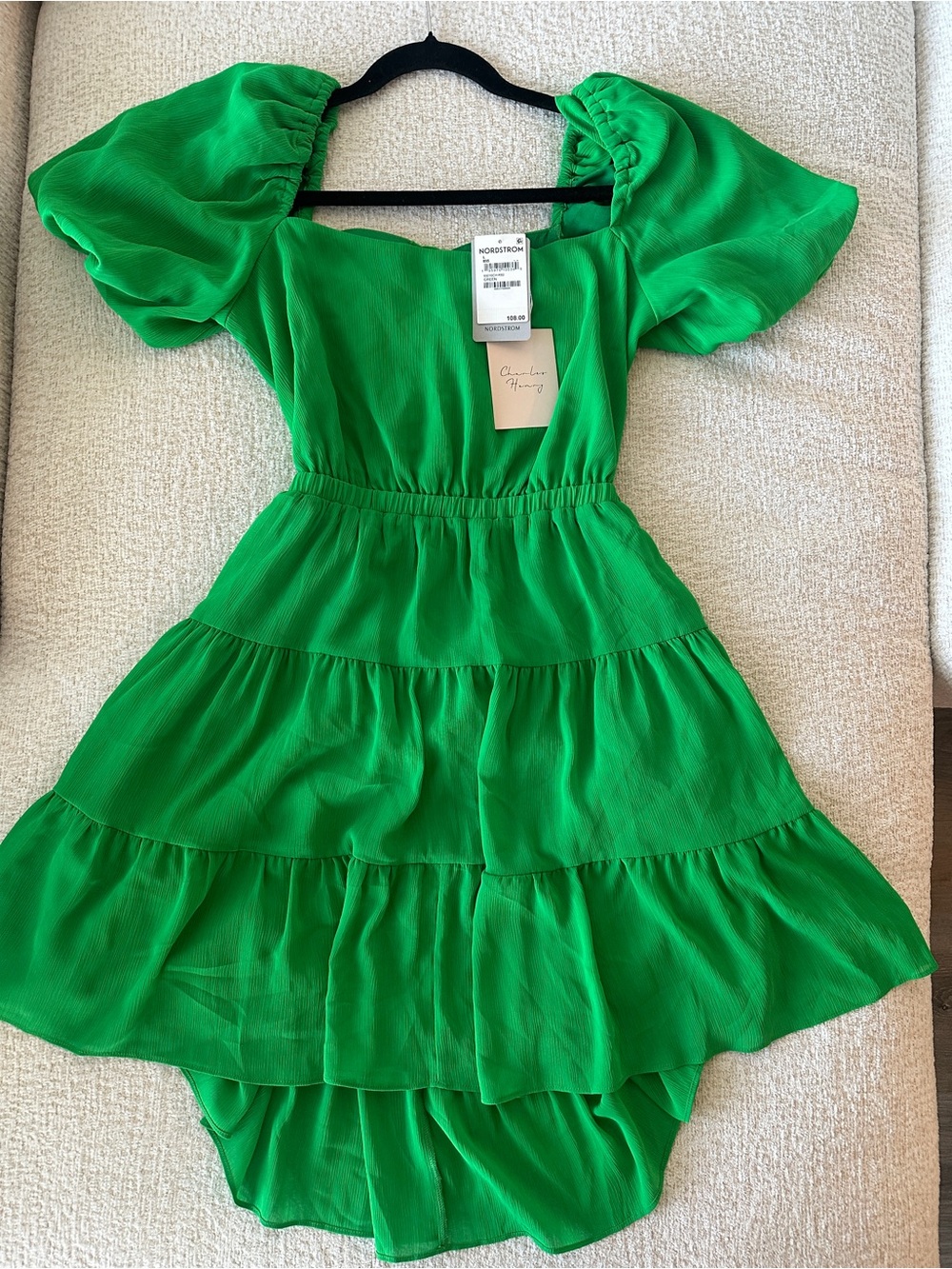 Charles Henry Green Puff-Sleeve Tiered Backless Dress